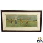 Putting Lithograph of Couple Playing Golf by the Sea w/ Caddies
