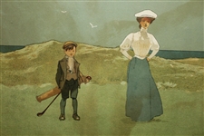 'Putting' Lithograph of Couple Playing Golf by the Sea w/ Caddies
