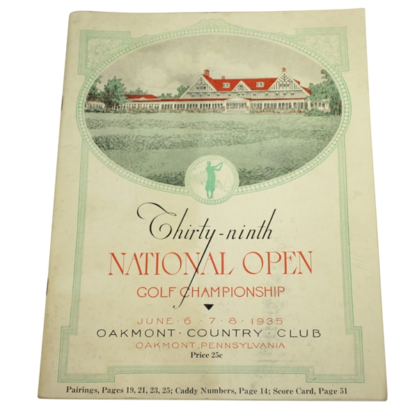 1935 US Open at Oakmont CC Program - Sam Parks Jr Winner