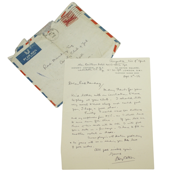 Henry Cotton Signed 1956 Personal Letter to Rod Munday w/ Appearance Fee Content JSA ALOA