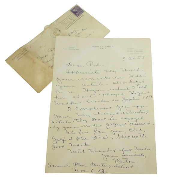 Horton Smith Signed 1953 Detroit GC Letter to Rod Munday w/ Ben Hogan Content JSA ALOA