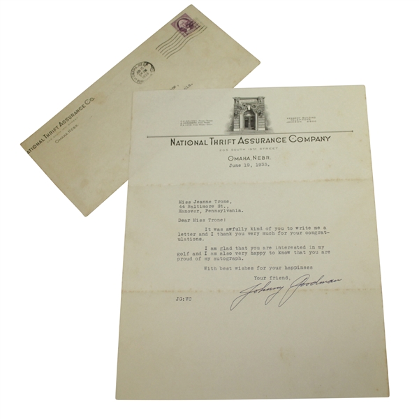 Johnny Goodman Signed 1933 Letter Written 9 Days After Amateurs US Open Win JSA ALOA