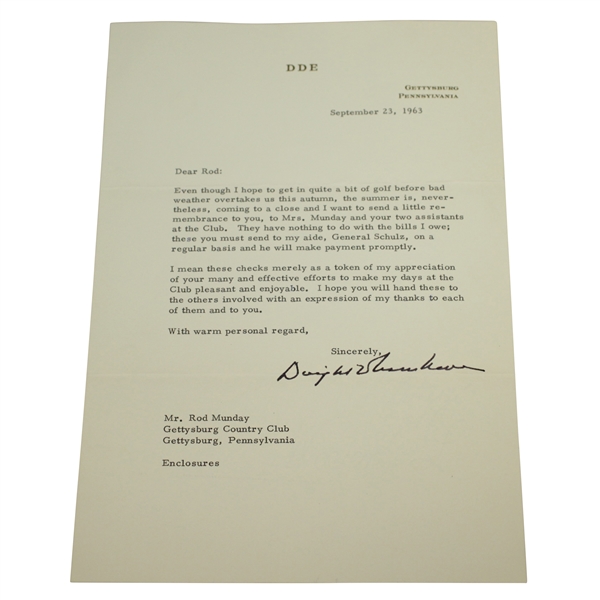 Dwight Eisenhower Signed Letterhead to Munday Explaining Donations to Club JSA ALOA