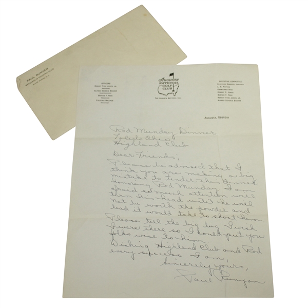 Paul Runyan Signed Augusta National Golf Club Letterhead Regarding Munday Dinner JSA ALOA