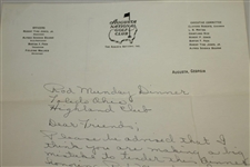 Paul Runyan Signed Augusta National Golf Club Letterhead Regarding Munday Dinner JSA ALOA