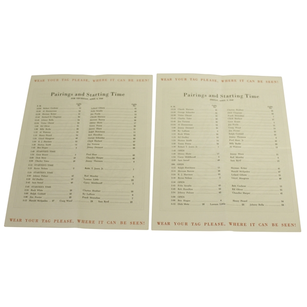 1946 Masters Tournament Thursday & Friday Pairing Sheets - Herman Keiser Win