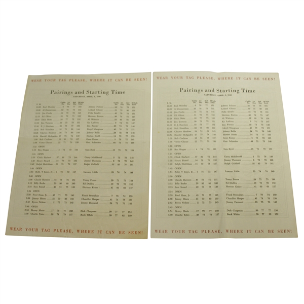 1946 Masters Tournament Saturday Pairing Sheets - Herman Keiser Win