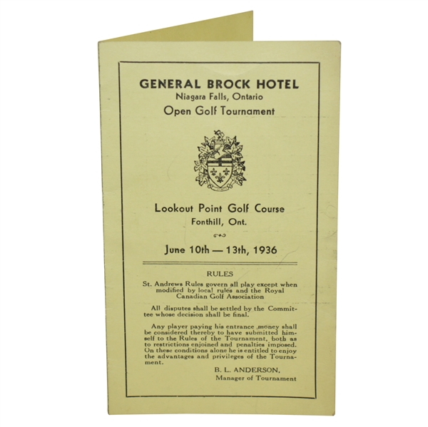 Rod Mundays 1936 Open Golf Tournament at Lookout Point Golf Course in Canada Scorecard