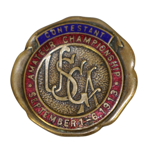 1913 US Amateur Championship at Garden City GC Contestant Badge - Jerome Travers Winner