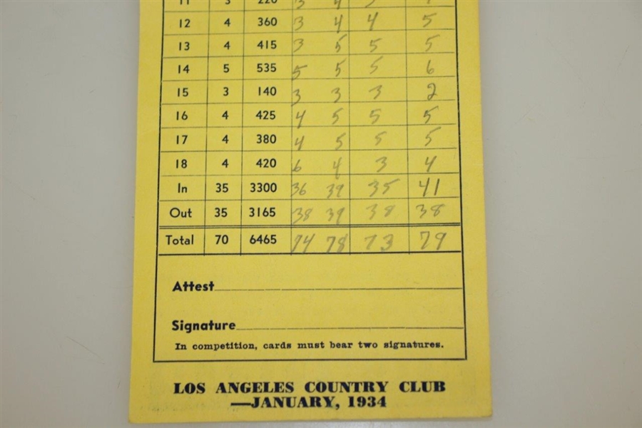 1934 Los Angeles Open Scorecard - MacDonald Smith Win