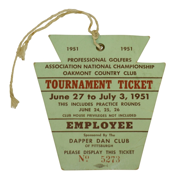 1951 PGA Championship at Oakmont C.C. Employee Series Ticket - Sam Snead Win
