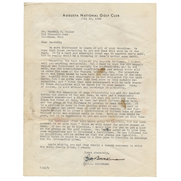 Augusta Nat. Letterhead Dated 1935 - G.M. PJA Berckmans to Course Engineer w/Significant Turf Content JSA ALOA