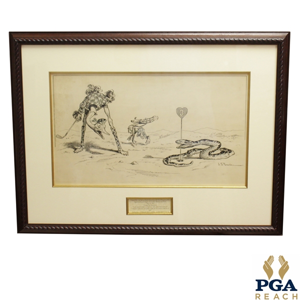 Circa 1901 Original Pen & Ink On Board Illustration of Ostrich, Snake & Monkey At 3rd Hole By J.S. Pughe