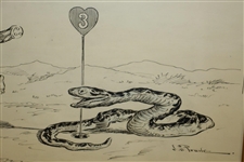 Circa 1901 Original Pen & Ink On Board Illustration of Ostrich, Snake & Monkey At 3rd Hole By J.S. Pughe