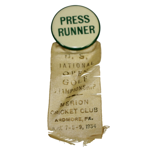 1934 US Open Championship at Merion Cricket Club Press Runner Badge - Olin Dutra Winner
