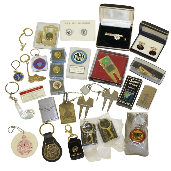 Golf Accessories Lot - Assorted Lighters, Cuff Links & Tie Tacks From Various Tournaments/Clubs