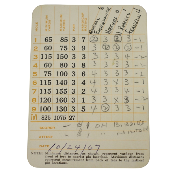 General Eisenhower Match Used Augusta National Par 3 Scorecard - 1967 “Last Trip To ANGC”