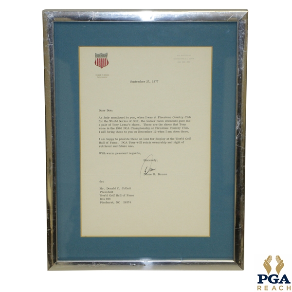 Deane Bemans Letter Gifting Tony Lemas 1966 PGA Championship Shoes to The Hall of Fame