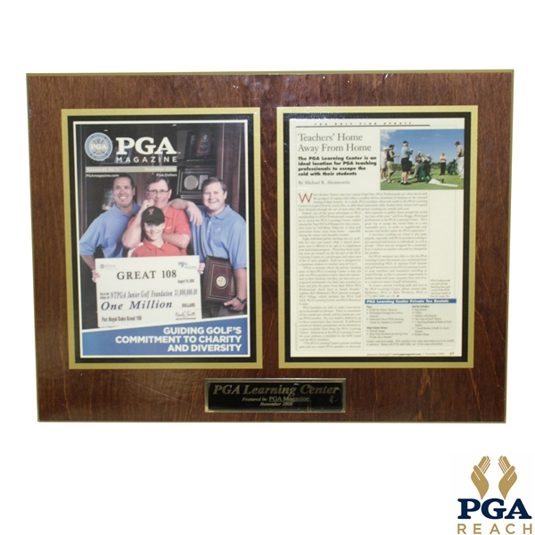 2008 PGA of America Magazine Plaque Feat. Philanthropic Efforts of Learning Center
