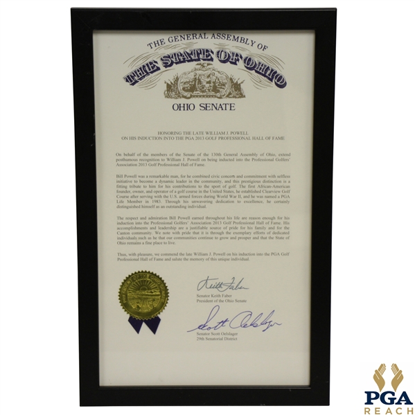 The State of Ohio Senate Proclamation Honoring William Powells Induction into PGA Hall of Fame