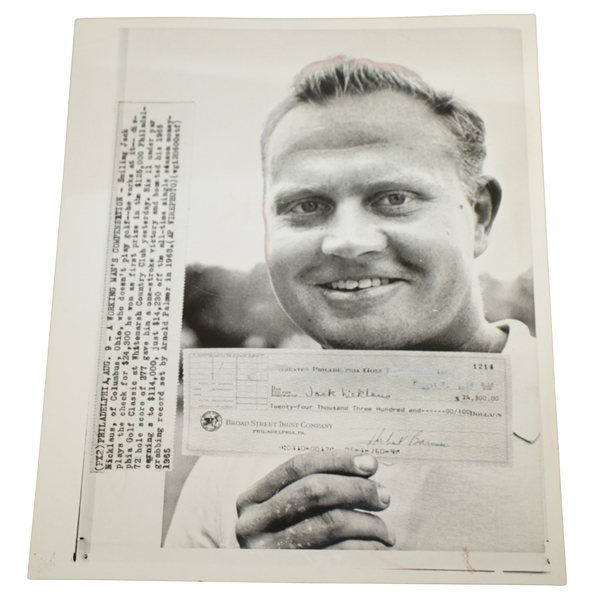 1965 Jack Nicklaus Wire Photo w/ Philadelphia Golf Classic Winners Check