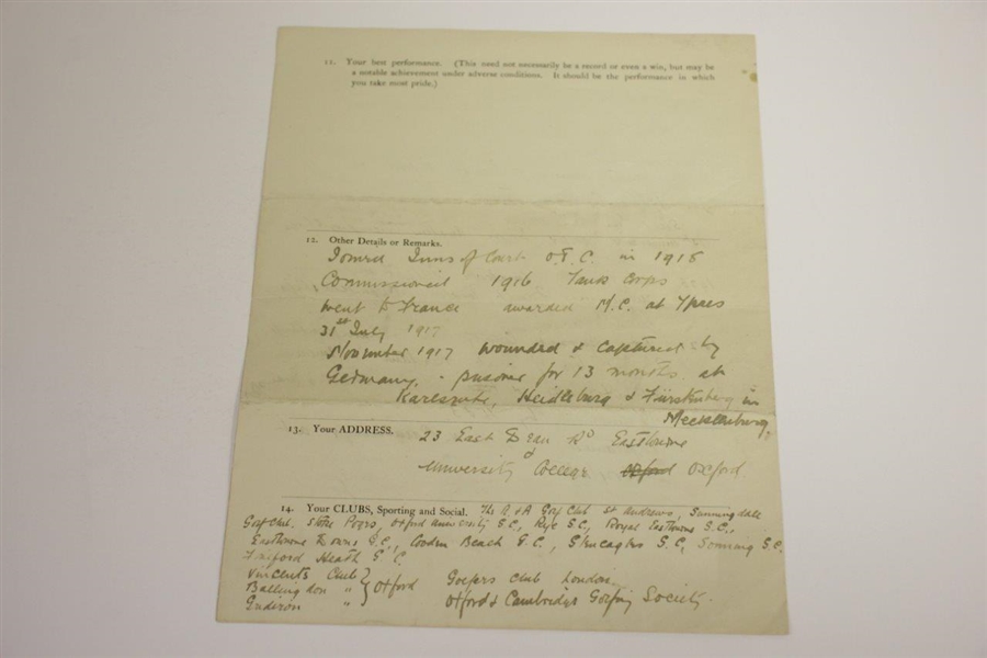 Cyril Tolley's 1921 Four Page Handwritten & Signed Questionnaire for 'Who's Who' Publication JSA ALOA