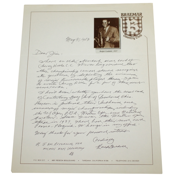 Ralph Guldahl Signed Letter On Braemar CC Stationary Canterbury & Cherry Hills Mentions JSA ALOA
