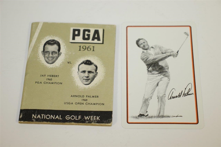 Arnold Palmer Playing Card, Vintage Augusta Postcard, & 1961 Golf Day Coin Holder