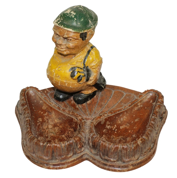 Vintage Wood Carved Caddy/Golfer with Dual Ashtray/Pipe Holders