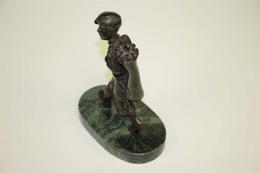 Classic Caddy Kid Sculpture with Golf Bag Over Shoulder on Marble Base