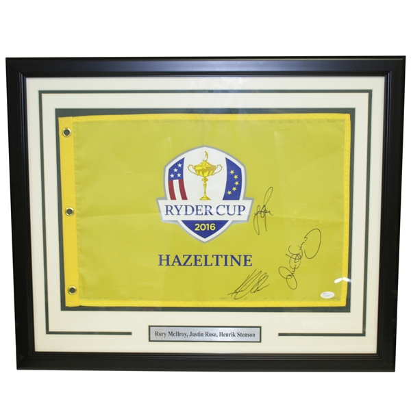 Rory McIlroy, Henrik Stenson, & Justin Rose Signed 2016 Ryder Cup Flag - Framed JSA #S10940