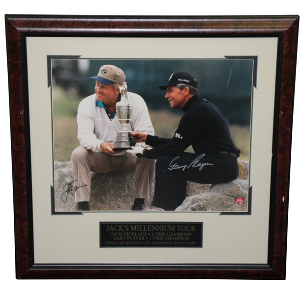 Jack Nicklaus & Gary Player Signed Swilken Bridge with Claret Jug Photo - Framed JSA ALOA