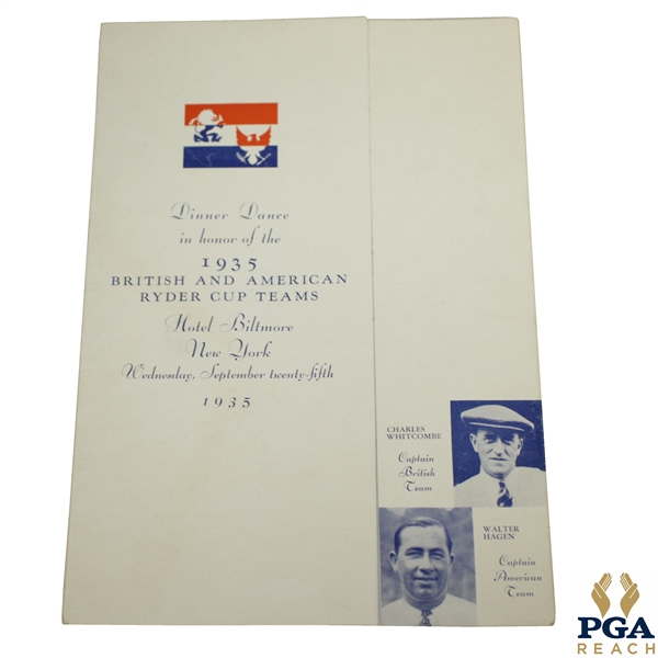 1935 Ryder Cup Dinner Dance Menu Honoring British & American Teams - Hotel Biltmore NY