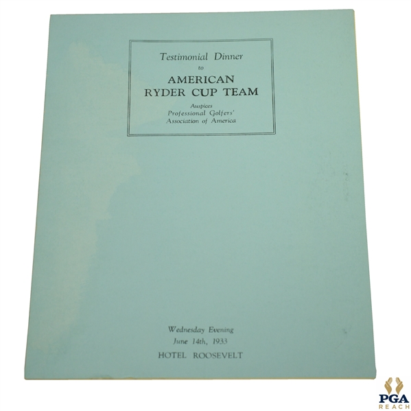 1933 Ryder Cup Testimonial Dinner Menu to American Team - Hotel Roosevelt