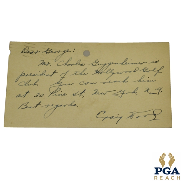 Craig Wood Signed 1935 Handwritten Card to PGA President George Jacobus JSA ALOA
