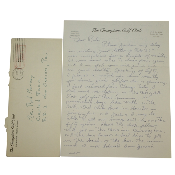 Jimmy Demaret 1962 Handwritten Letter on Champions GC Letterhead to Rod Munday JSA ALOA