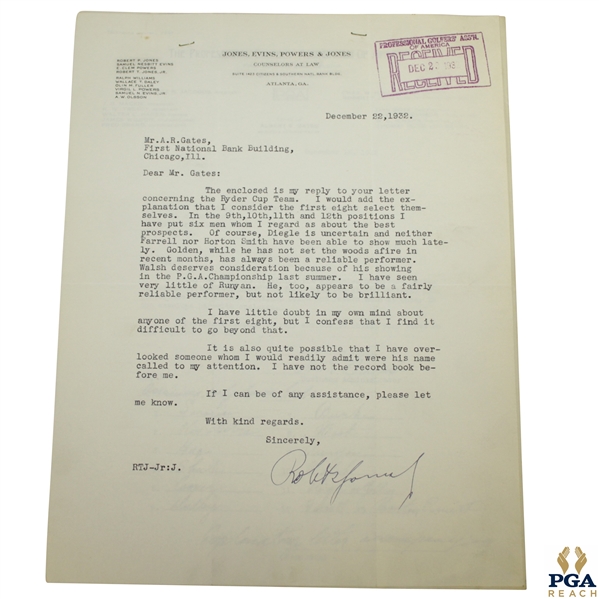 Bobby Jones Signed Handwritten 1933 Ryder Cup Team Members Endorsement Form FULL JSA #BB52086