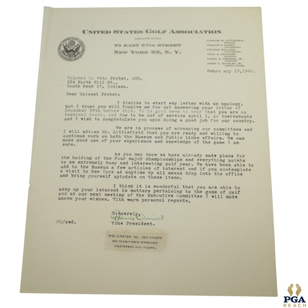Francis Ouimet Signed Typed 1946 Letter to Colonel Probst with the USGA JSA ALOA