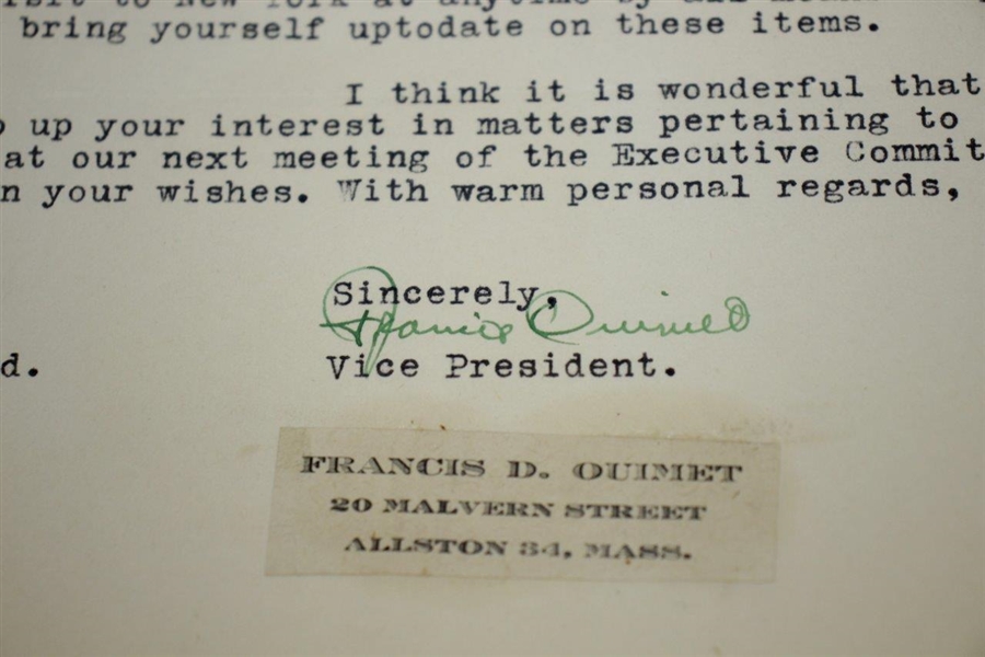 Francis Ouimet Signed Typed 1946 Letter to Colonel Probst with the USGA JSA ALOA