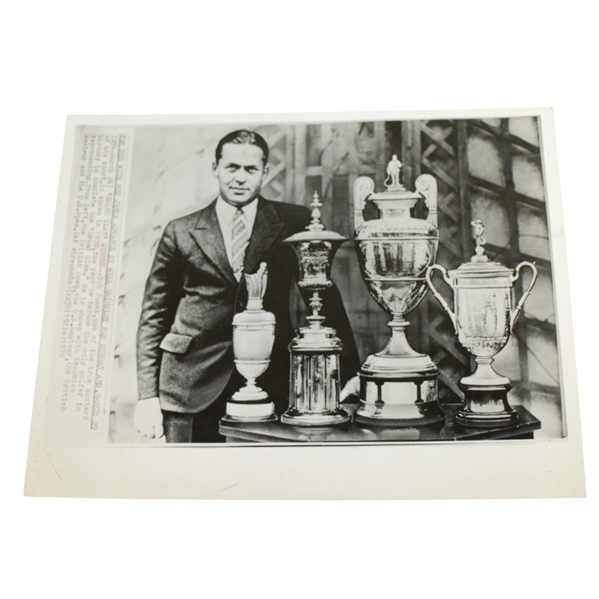 Bobby Jones 1970 Wire Photo with Grand Slam Trophies
