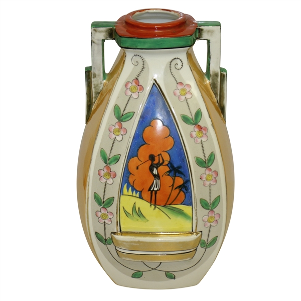Vintage Hand Painted Japanese Golfer Slip Ware Vase