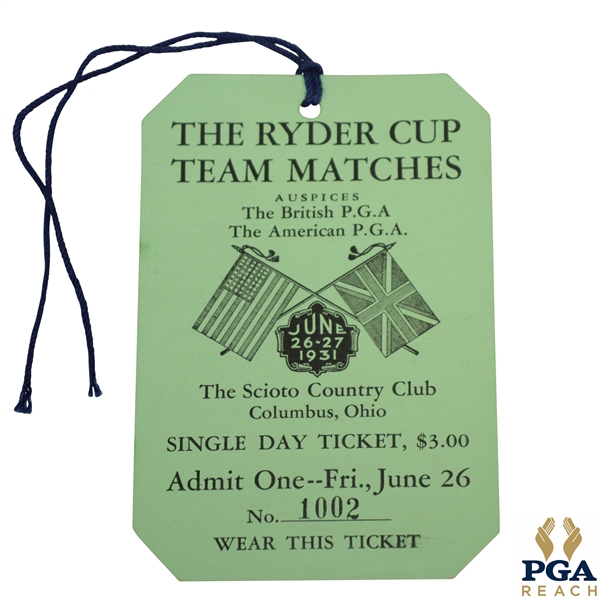 1931 Ryder Cup at The Scioto CC Friday Ticket #1002 - Pristine Unimprovable Condition - Rare