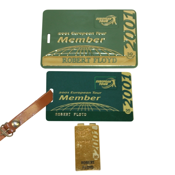 Robert Floyds 2001 European Tour Member Clip, Bag Tag, Credentials