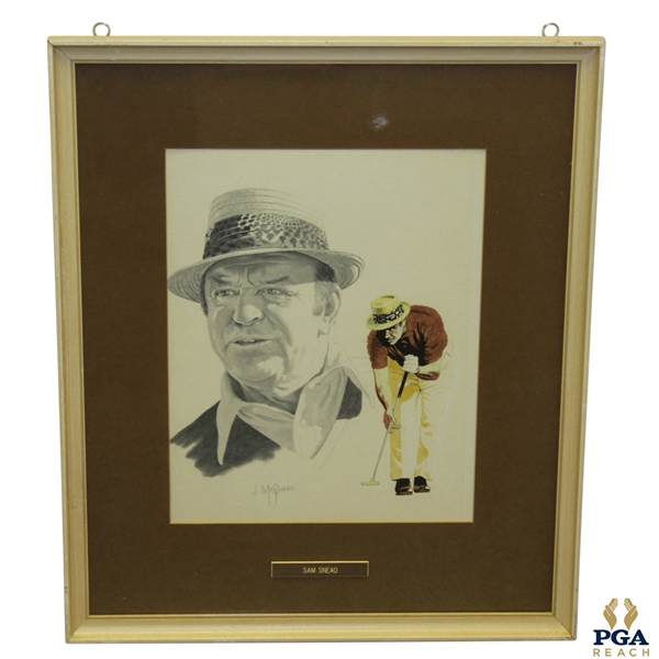 Sam Snead Head Sketch & Putting Golf Stance Signed by Artist J. McQueen - Framed