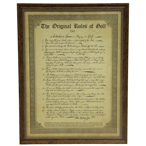 1754 The Original Rules of Golf Decorative Reproduction Piece Circa 1988