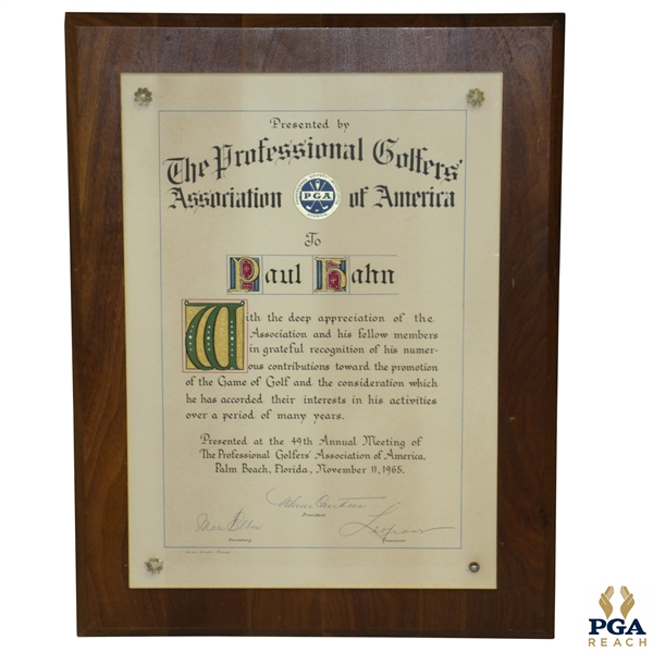 Paul Hahns 1965 Lifetime Achievement Plaque Award Presented by the PGA Golf Writers