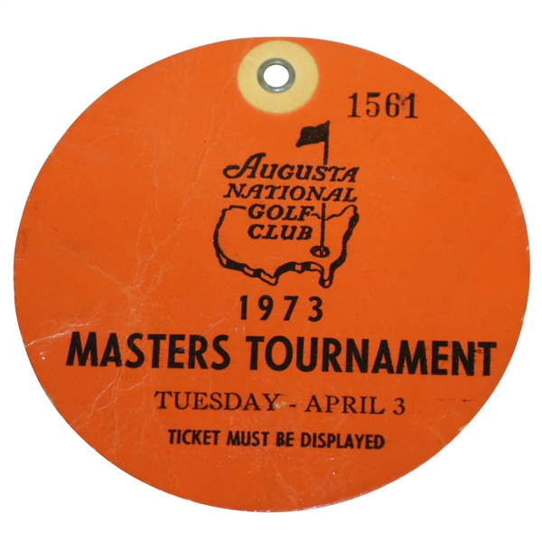 1973 Masters Tournament Tuesday Ticket - Tommy Aaron Win