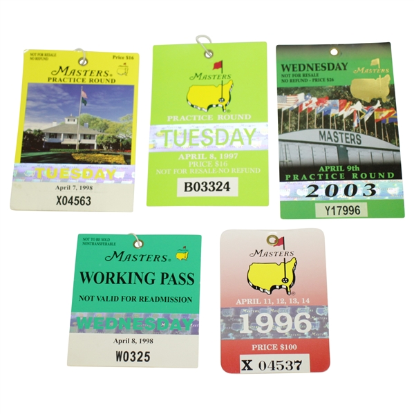 Five Masters Tickets/Badges - 1996, 1997, 1998(x2), & 2003