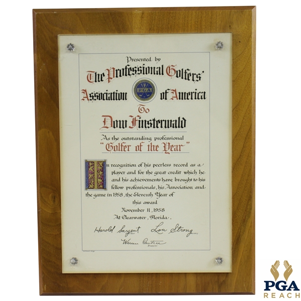 PGA Outstanding Professional "Golfer of the Year" to Dow Finsterwald - November 11, 1958