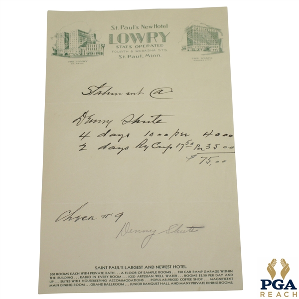 Denny Shute Signed Hotel Receipt from The Lowry St. Paul, Minn. JSA ALOA